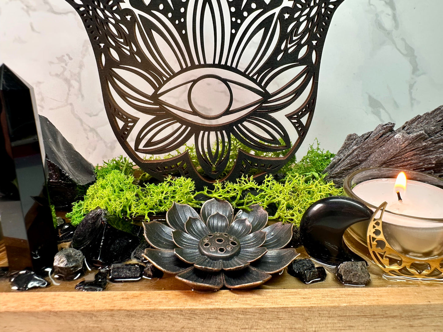 Black Tourmaline, Obsidian Protection Tray | Hamsa Hand Evil Eye Decor | Resin Altar Tray with Incense Holder | Ritual Decor, Spiritual Gift
