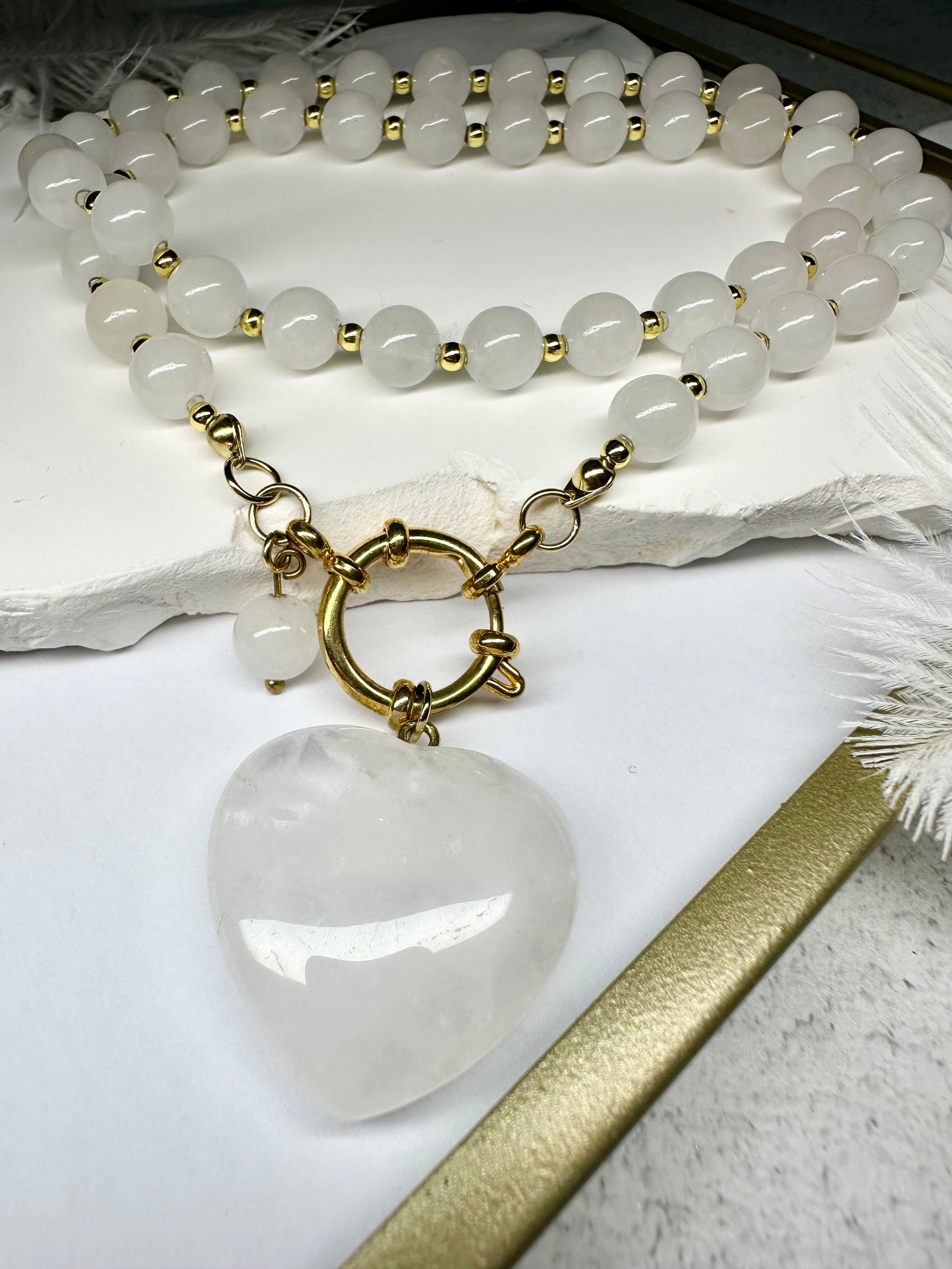Clear Quartz Heart Necklace – 8mm Beads, Gold Clasp, Handmade Crystal Jewelry
