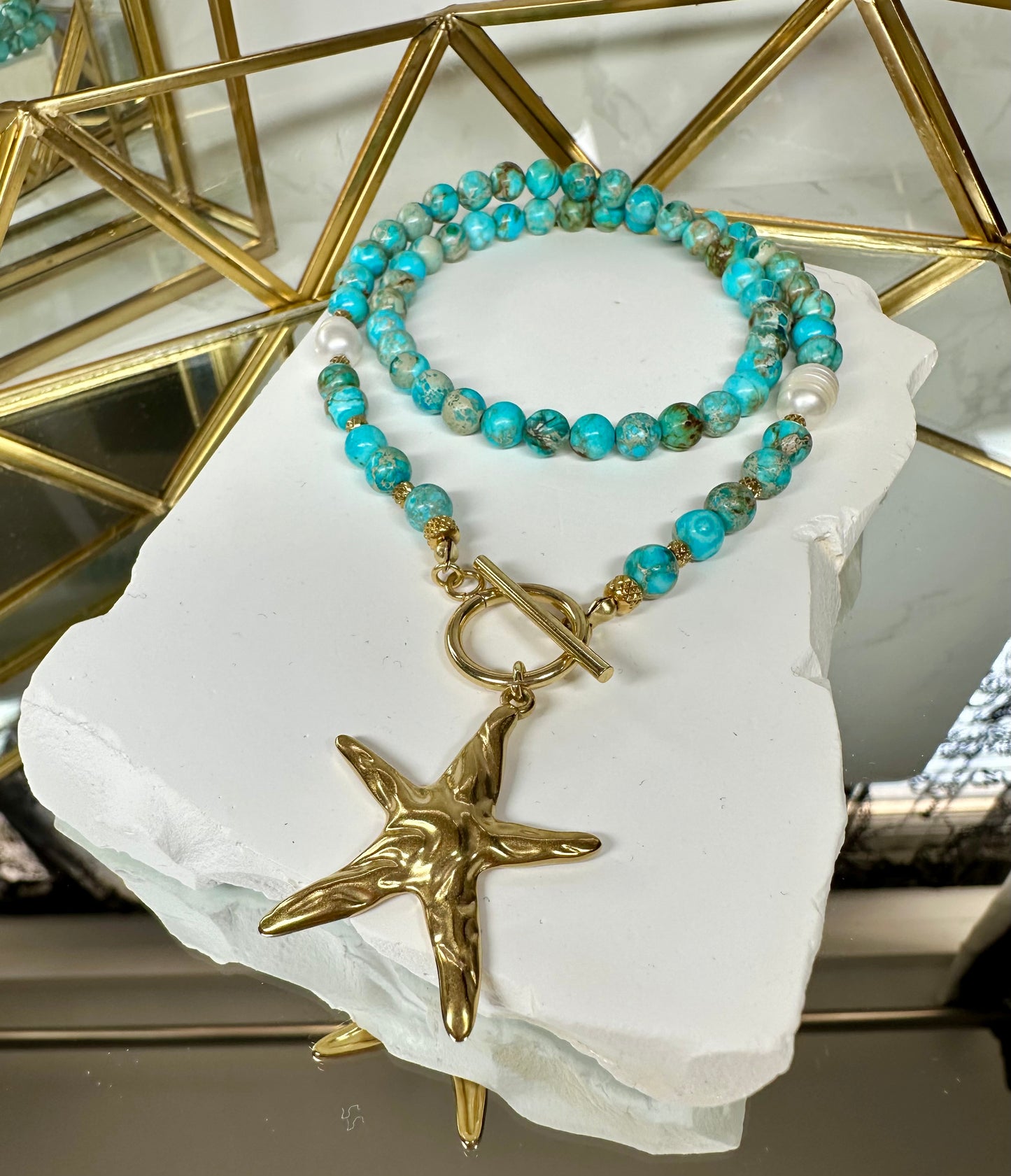Turquoise-Blue Imperial Jasper Necklace with Baroque Pearls & Large Starfish Pendant – Gold or Silver Toggle T-Bar Handmade Ocean Jewelry