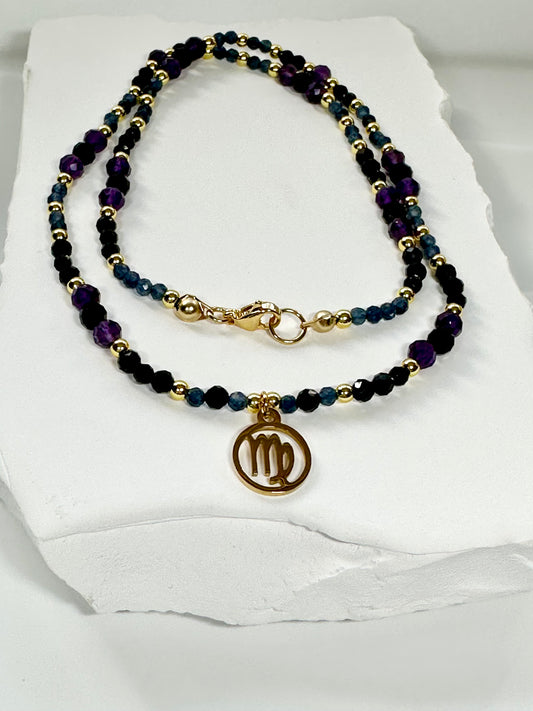 Virgo Zodiac Necklace – Sapphire, Black Tourmaline & Amethyst | Handmade Crystal Jewellery for Clarity, Protection & Inner Peace