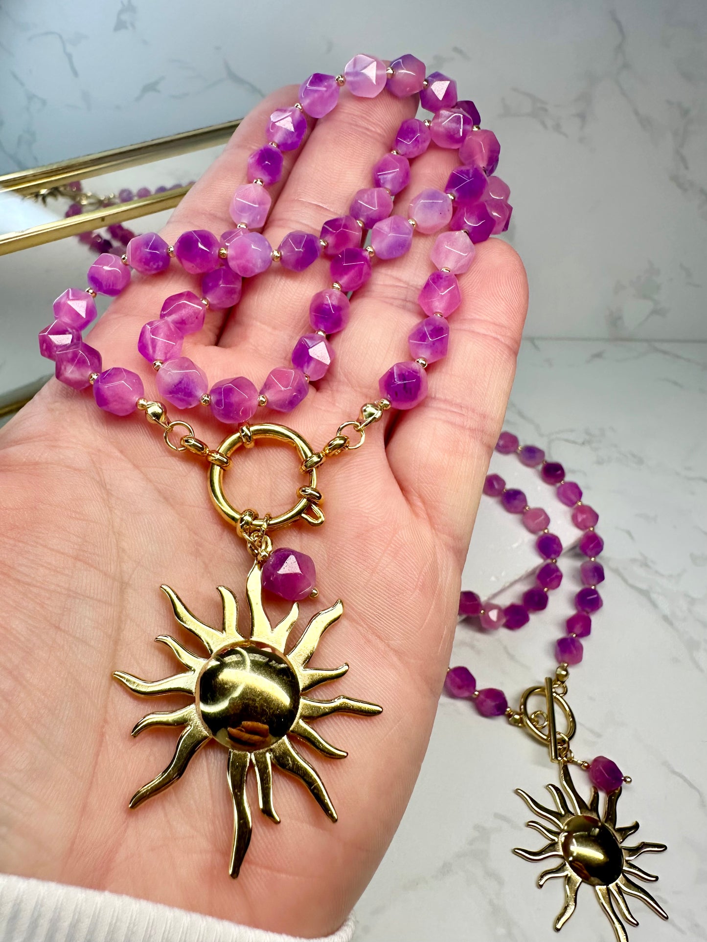 Pink Jade Necklace – Handmade Bohoq Jewellery with Large Sun Charm