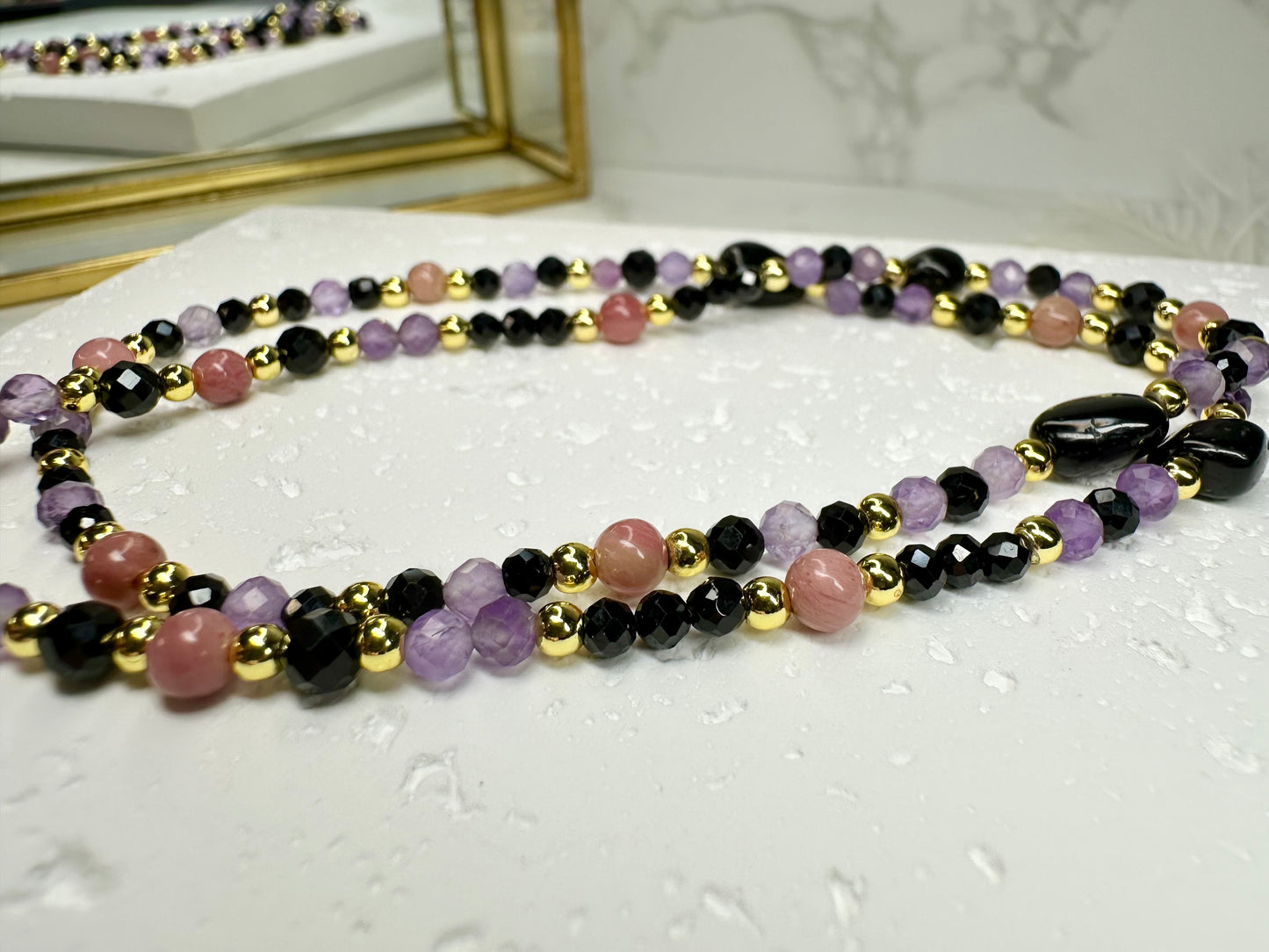 Black Tourmaline, Amethyst & Rhodonite Healing Necklace
