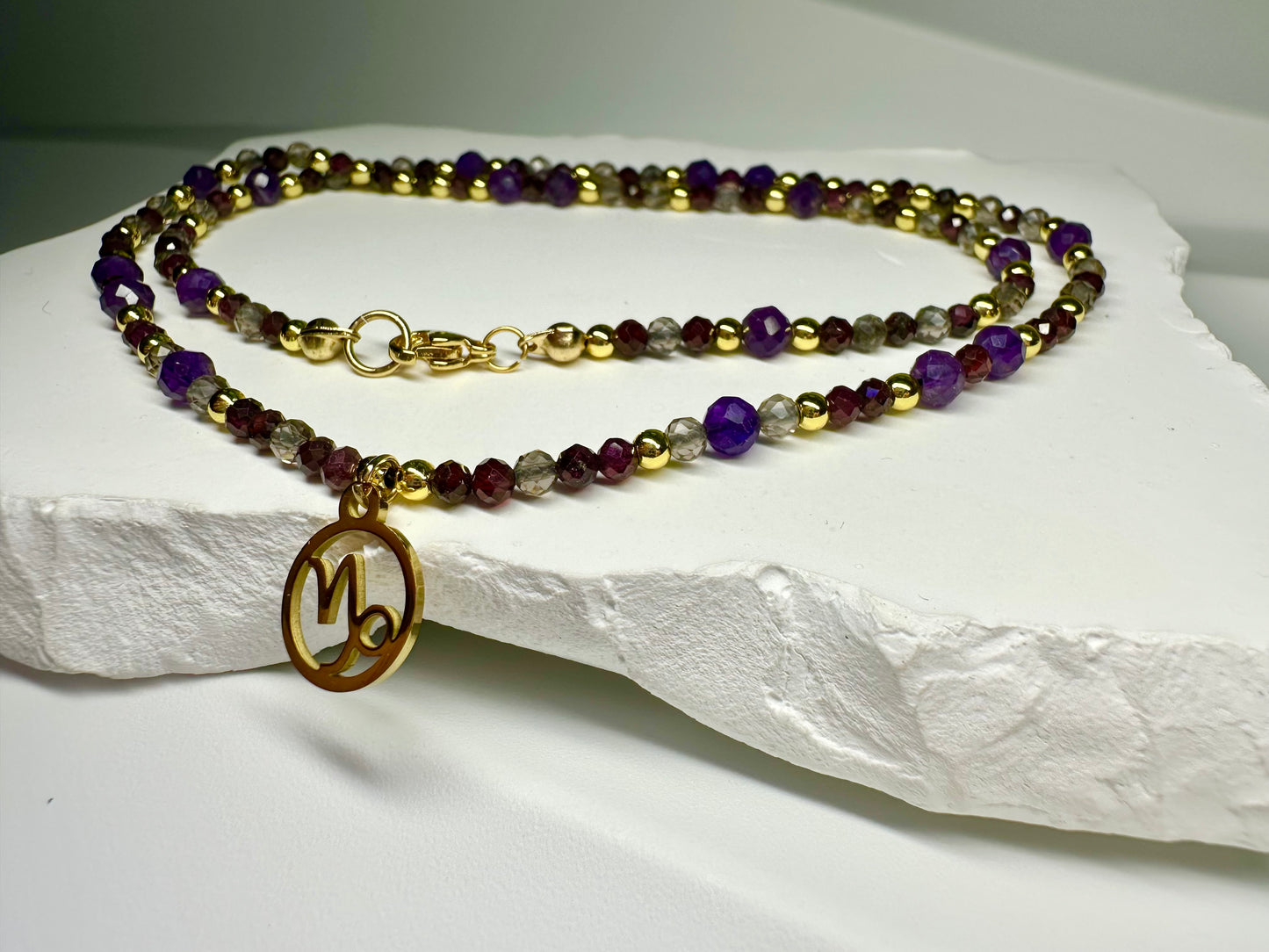 Capricorn Zodiac Necklace – Smoky Quartz, Garnet & Amethyst | Handmade Crystal Jewellery for Grounding & Ambition