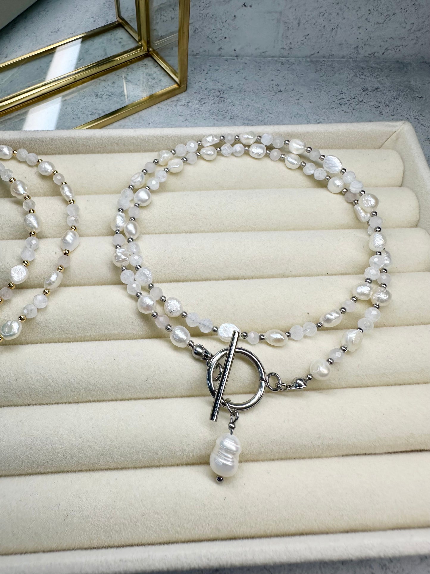 Freshwater Pearl• Moonstone • Rose Quartz Necklace • Baroque Pearl  Toggle Clasp