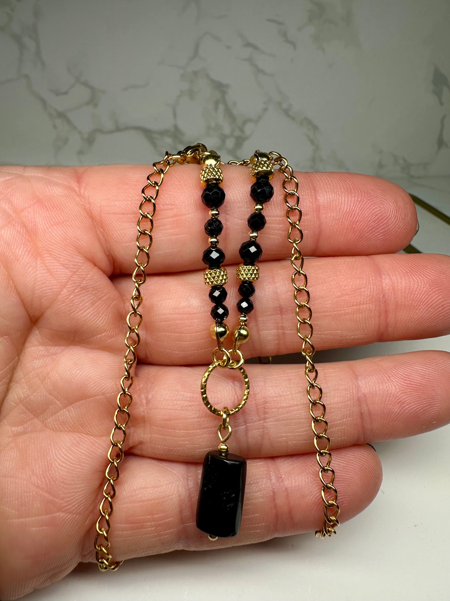 Handmade Black Tourmaline Beaded Necklace on 316L Stainless Steel Chain – Grounding & Protection
