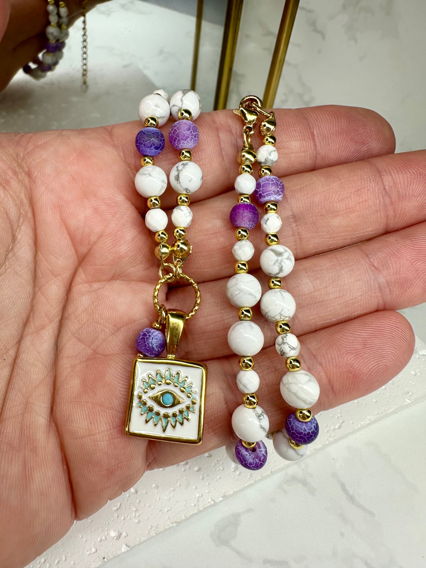 Lilac Cracked Agate - White Howlite Beaded Necklace with Evil Eye Pendant