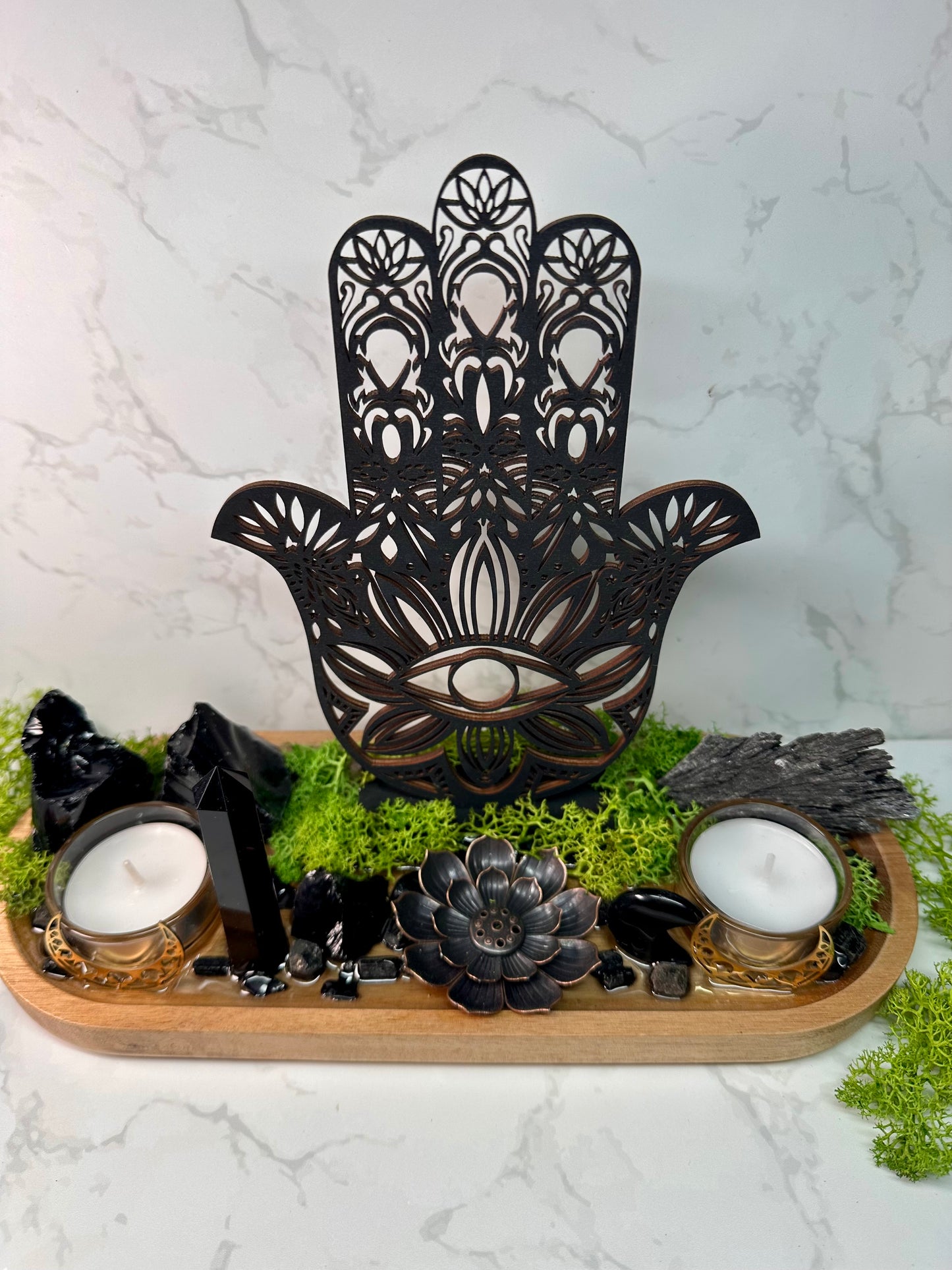 Black Tourmaline, Obsidian Protection Tray | Hamsa Hand Evil Eye Decor | Resin Altar Tray with Incense Holder | Ritual Decor, Spiritual Gift