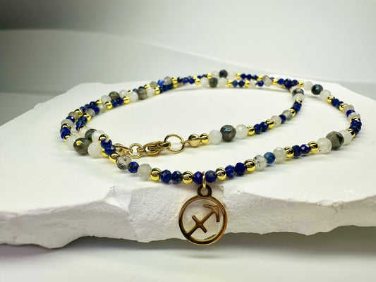 Sagittarius Zodiac Necklace – Lapis Lazuli, Labradorite & Moonstone | Handmade Crystal Beaded Jewellery | Astrology Gift for Her