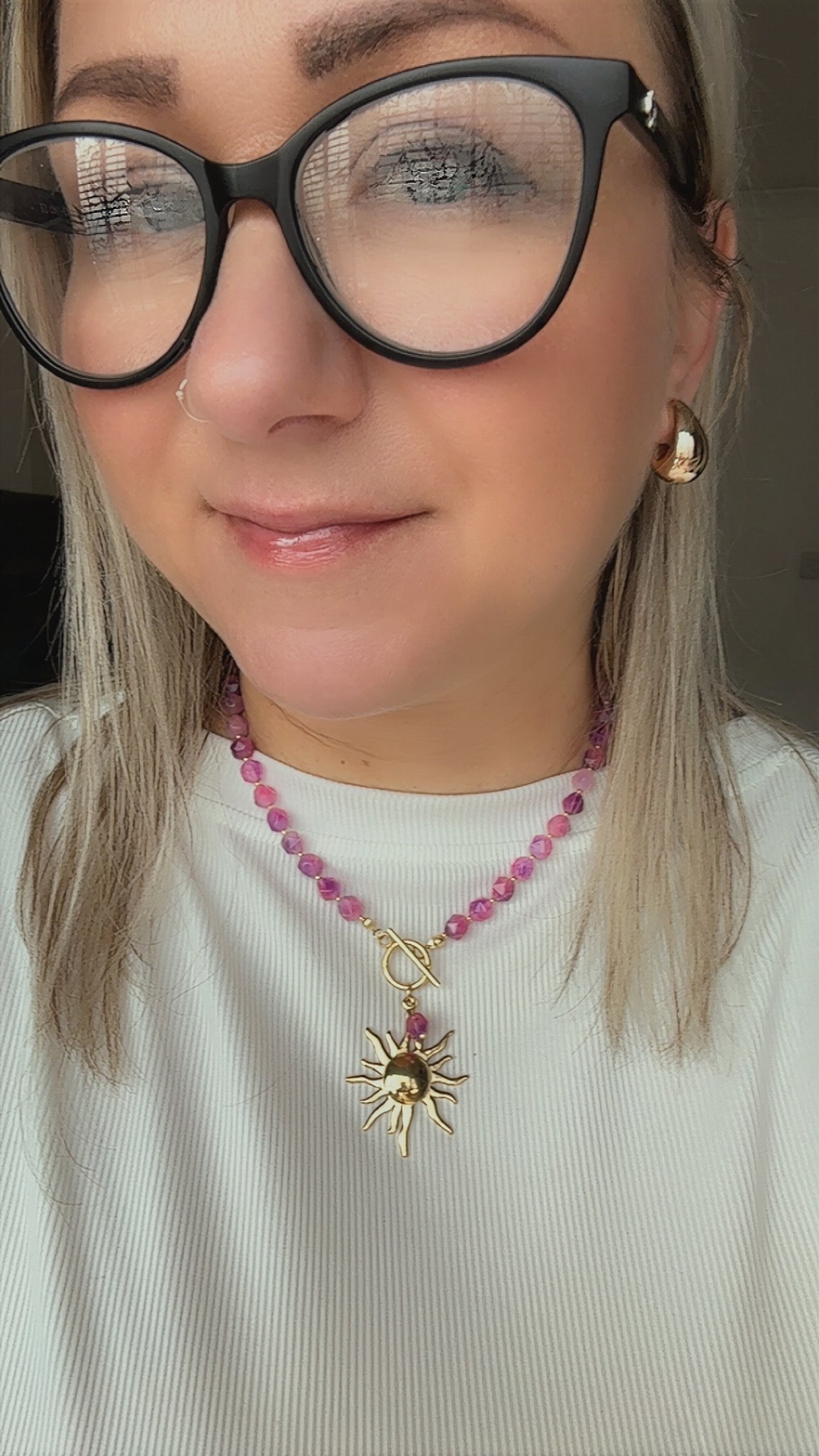 Pink Jade Necklace – Handmade Bohoq Jewellery with Large Sun Charm