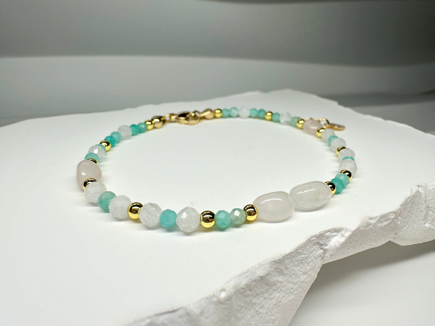 Moonstone, Rose Quartz & Amazonite Bracelet | Handmade Crystal Jewelry for Confidence, Love & Intuition