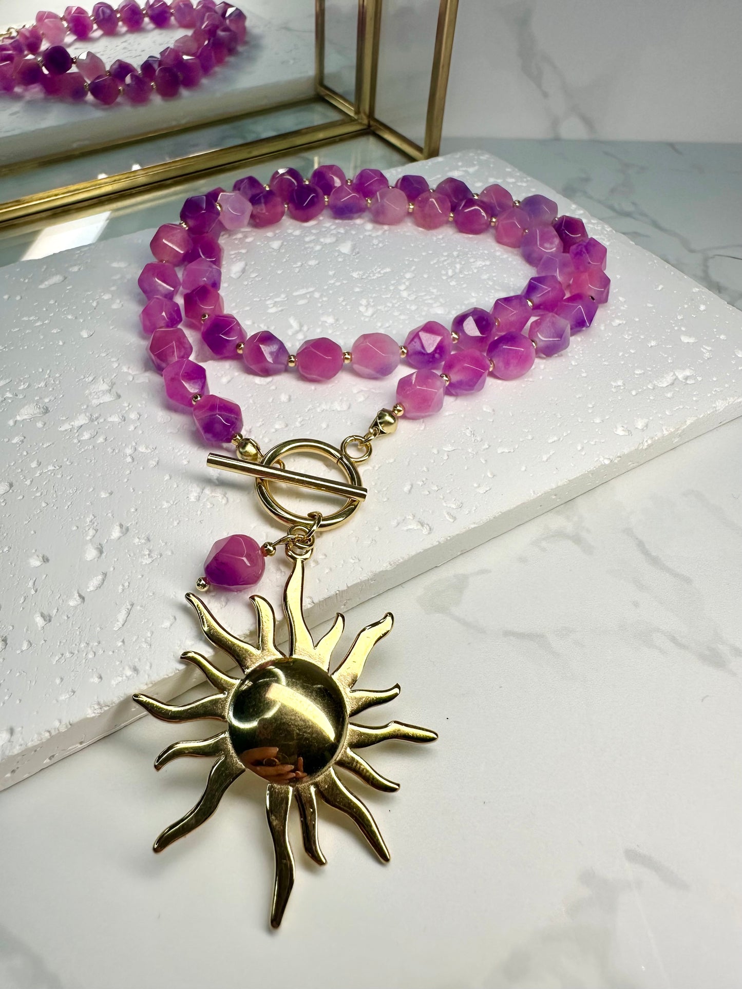 Pink Jade Necklace – Handmade Bohoq Jewellery with Large Sun Charm