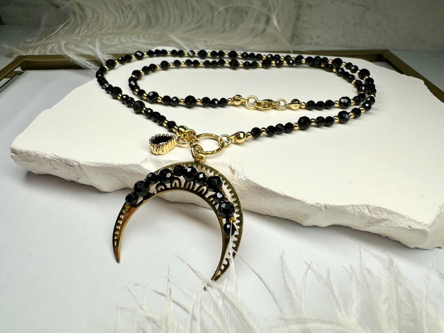 Black Tourmaline Crescent Moon Necklace – Protection & Power