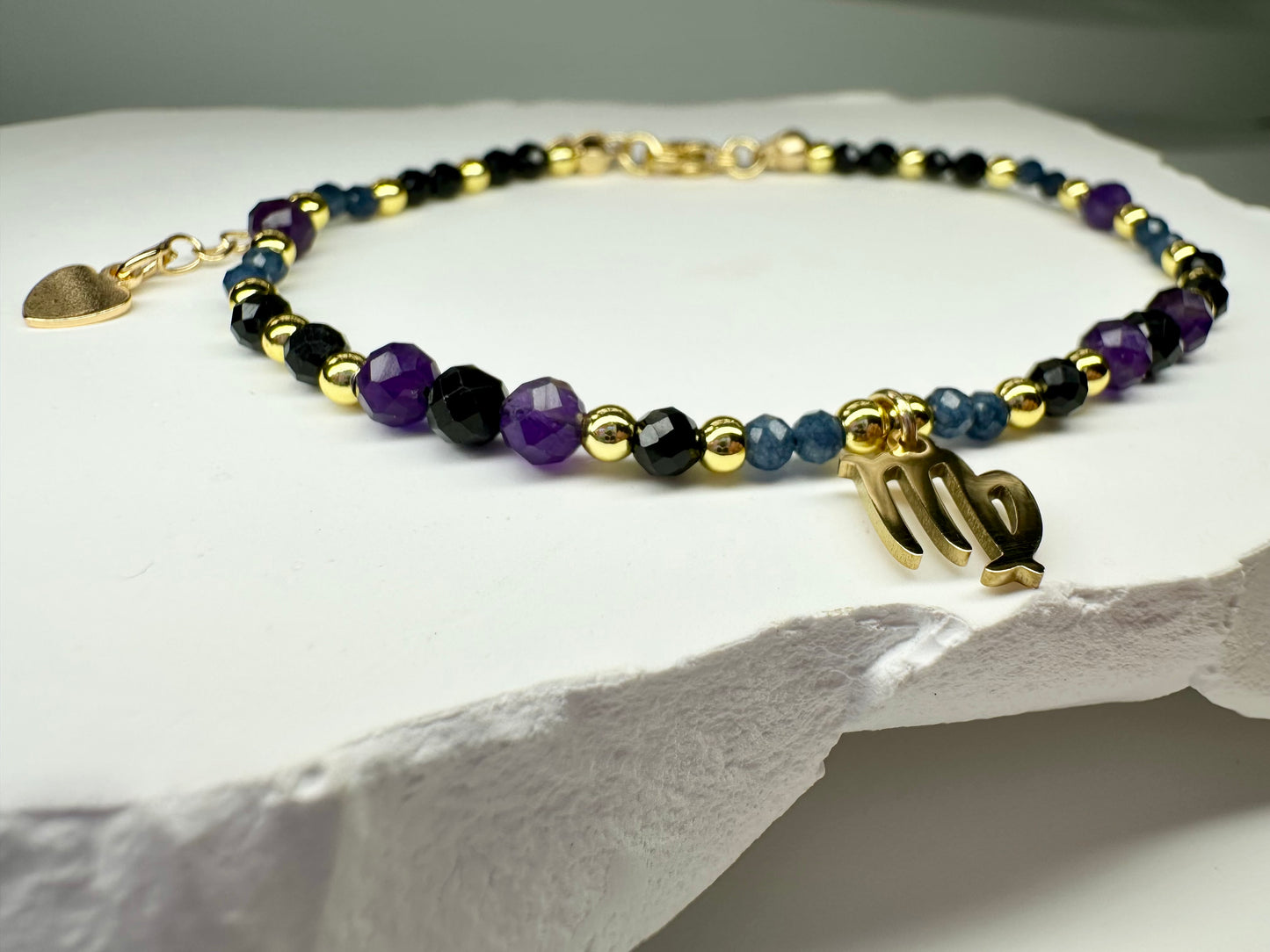 Virgo Zodiac Bracelet – Sapphire, Black Tourmaline & Amethyst | Handmade Crystal Jewellery for Protection, Clarity & Calm