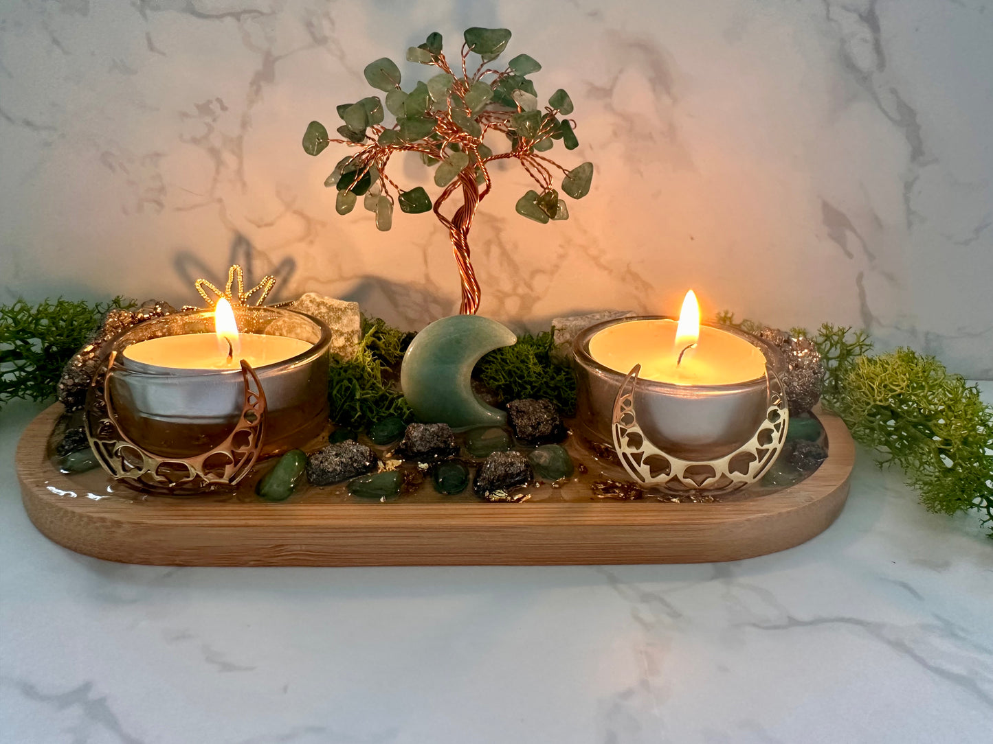 Pyrite & Green Aventurine Money Tree Tray | Prosperity Altar Decor | Wealth Manifestation Crystal Set | Abundance Ritual Gift