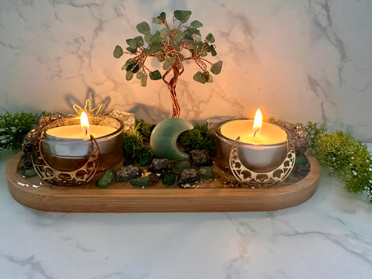 Pyrite & Green Aventurine Money Tree Tray | Prosperity Altar Decor | Wealth Manifestation Crystal Set | Abundance Ritual Gift