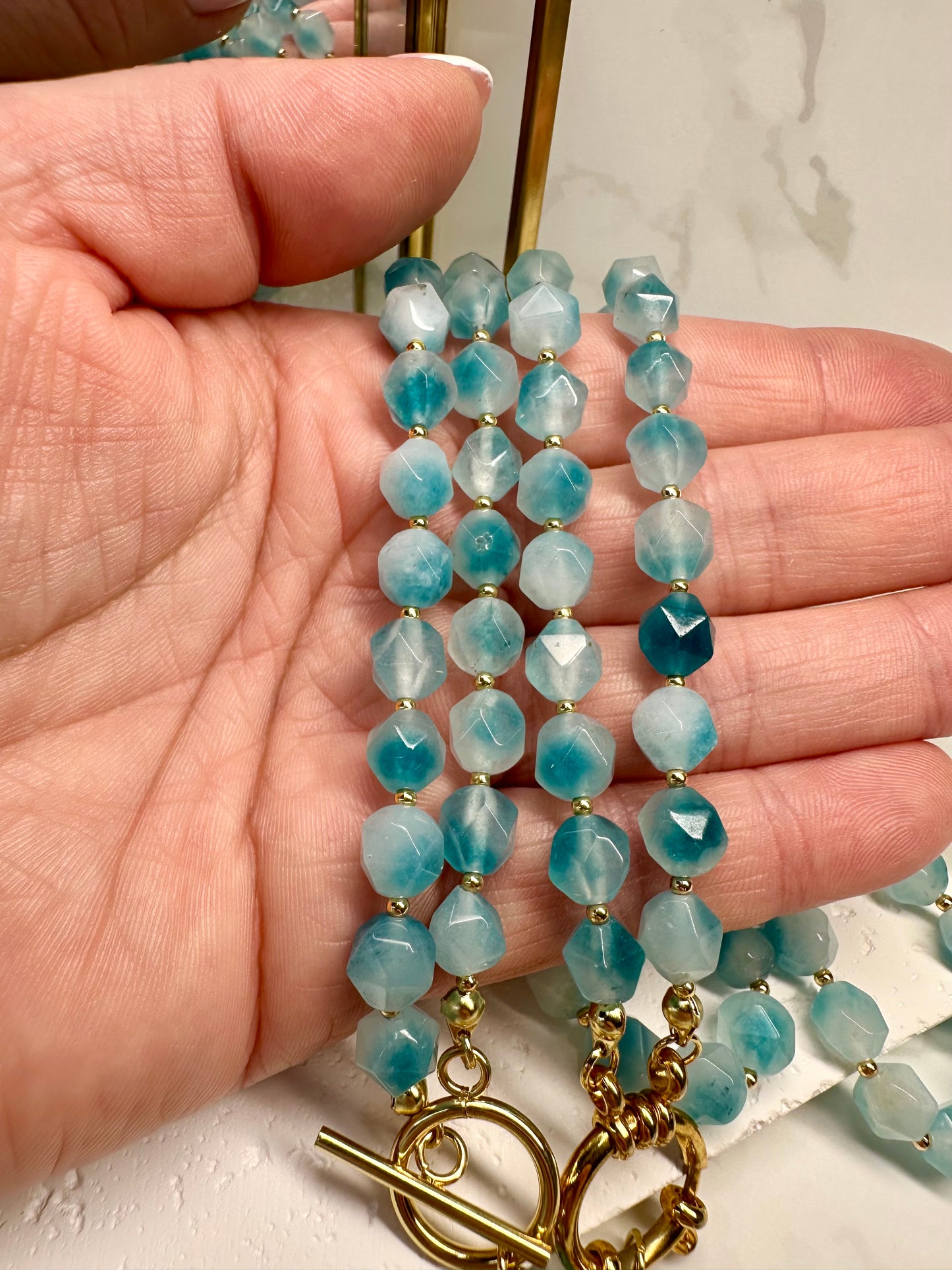 Handmade Beaded Aqua Jade Necklace with Sun Pendant