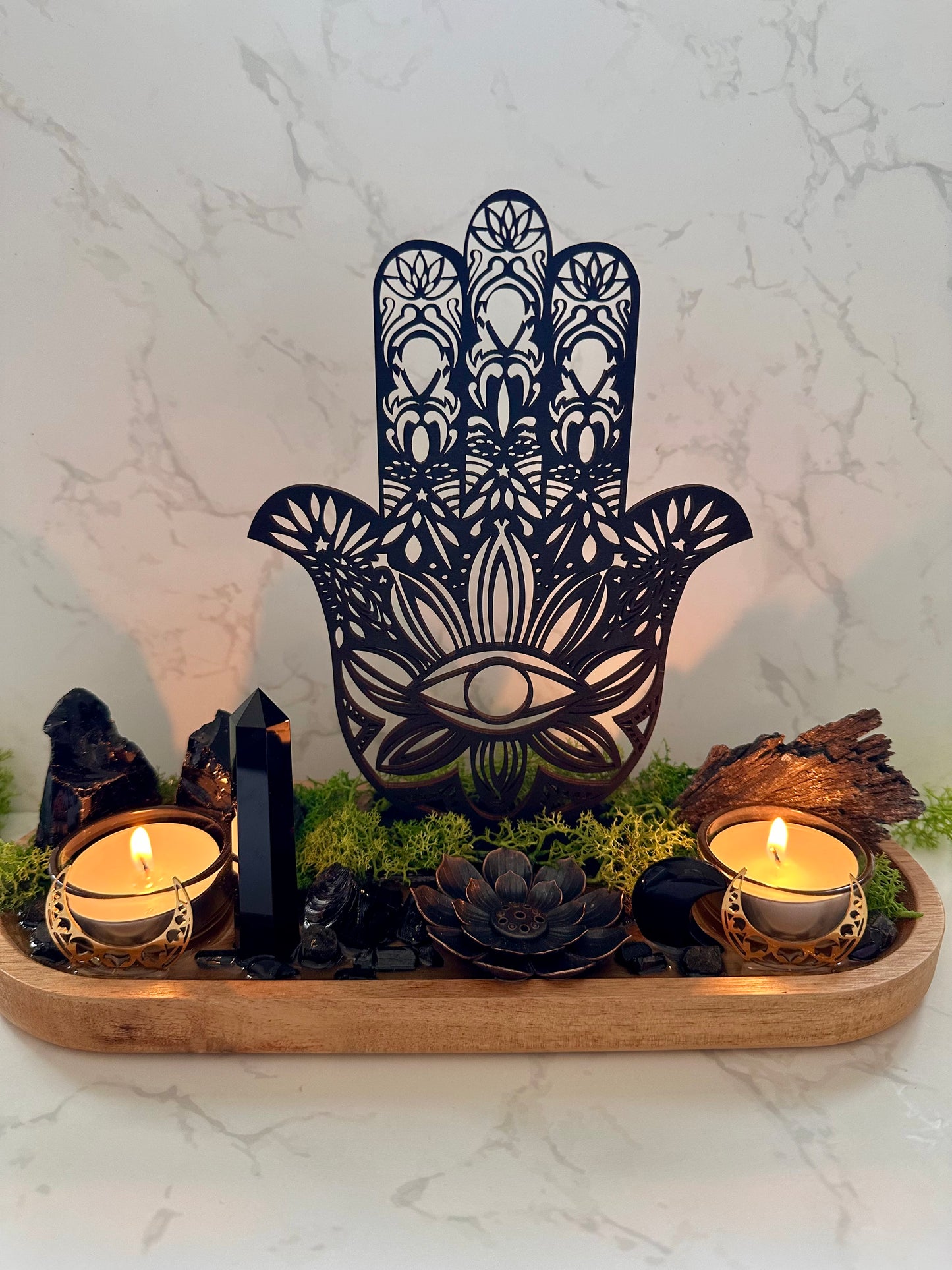 Black Tourmaline, Obsidian Protection Tray | Hamsa Hand Evil Eye Decor | Resin Altar Tray with Incense Holder | Ritual Decor, Spiritual Gift