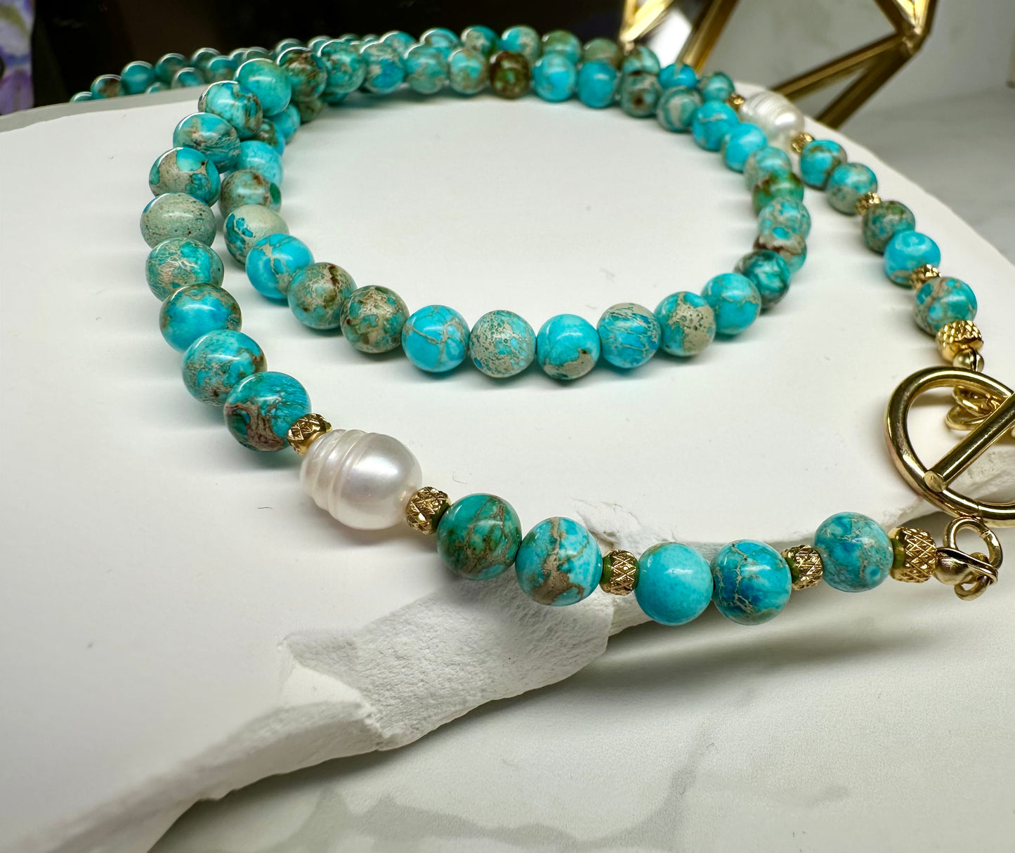 Turquoise-Blue Imperial Jasper Necklace with Baroque Pearls & Large Starfish Pendant – Gold or Silver Toggle T-Bar Handmade Ocean Jewelry