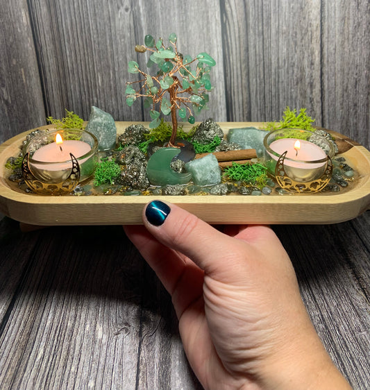 Prosperity Altar Tray, Money Pyrite & Green Aventurine Money Tree Candle Holder , Wealth Manifestation Decor, Abundance Ritual Crystal Gift