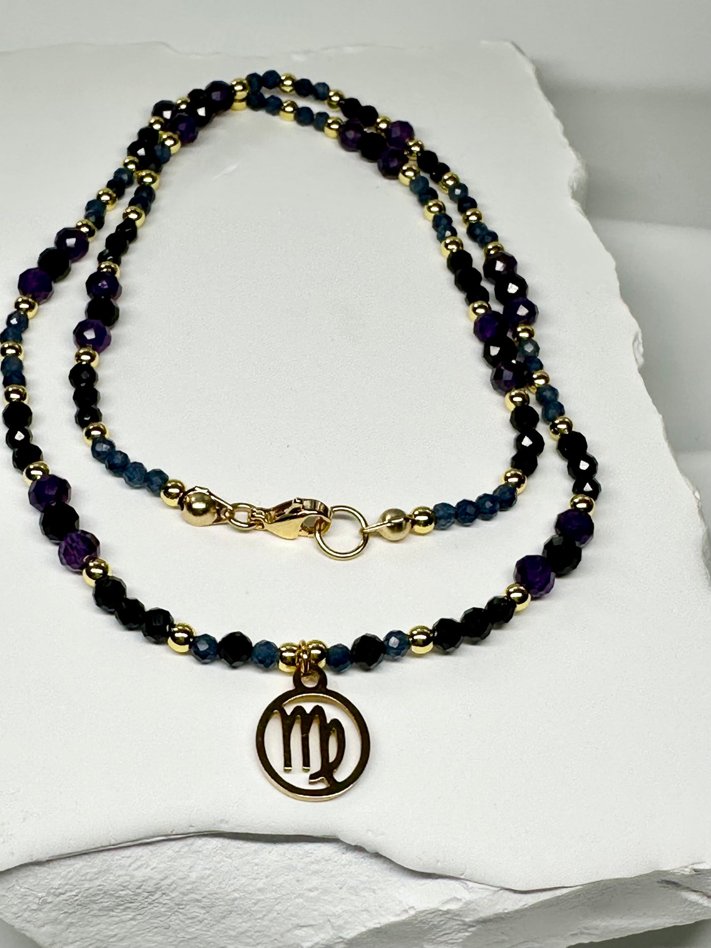 Virgo Zodiac Necklace – Sapphire, Black Tourmaline & Amethyst | Handmade Crystal Jewellery for Clarity, Protection & Inner Peace