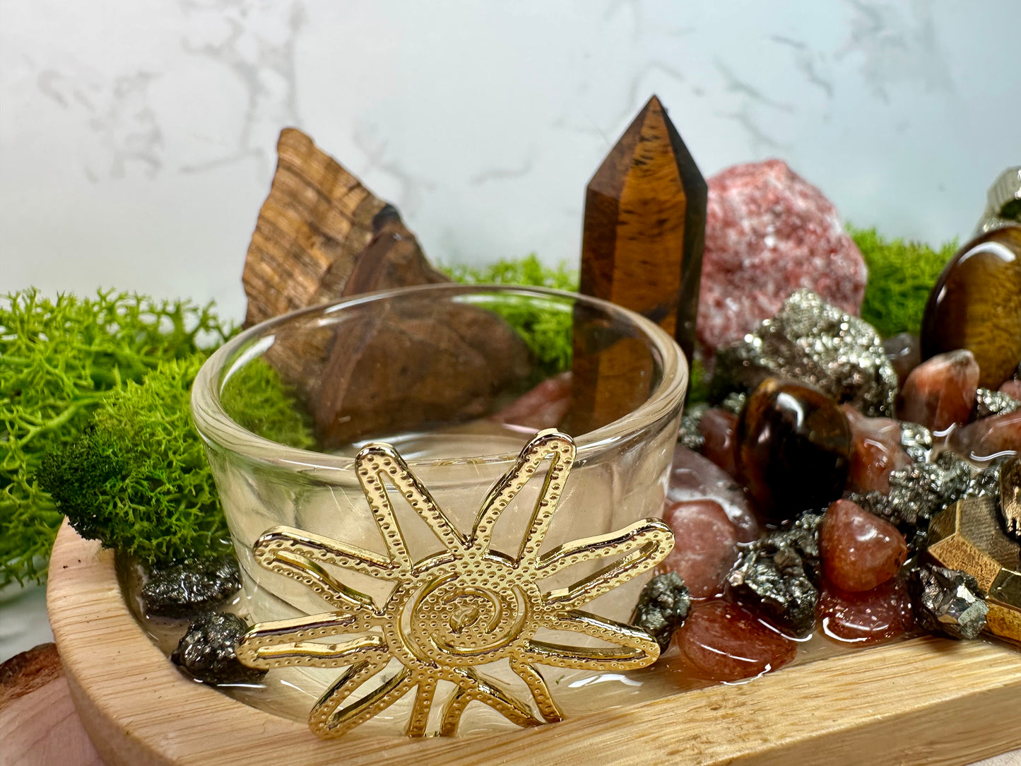 Leo Zodiac Crystal Tray • Tiger Eye, Sunstone & Pyrite • Handmade Leo Altar