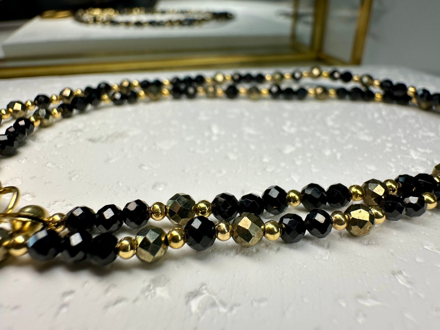 Black Tourmaline & Pyrite Dainty Necklace•Moon Pendant – Protection • Confidence • Grounding