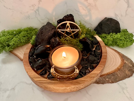 Protection Ritual Candle Holder – Black Tourmaline & Obsidian