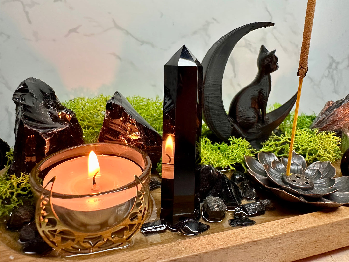 Black Tourmaline & Obsidian Moon Cat Altar | Incense Holder | Housewarming Gift |Witchcraft Decor | Protection Crystal Tray| Resin Altar