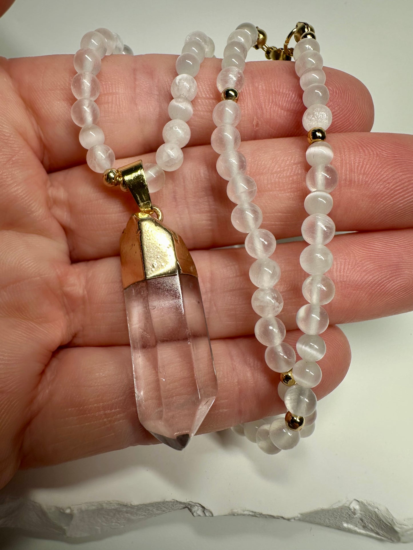 Selenite & Raw Crystal Quartz Necklace – Gold-Capped Pendant | Handmade Energy Amplifier for Clarity & Cleansing