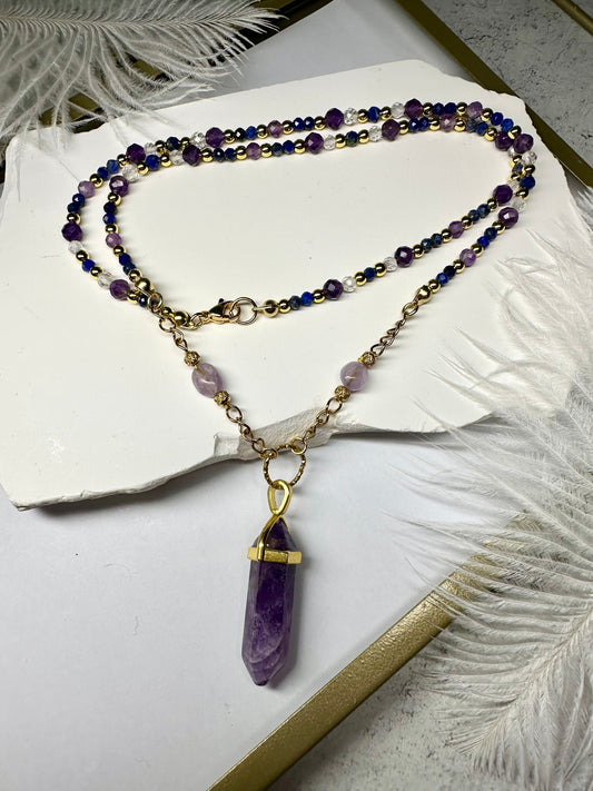 Amethyst, Clear Quartz & Lapis Lazuli Beaded Necklace – Spiritual Healing Crystal Jewelry