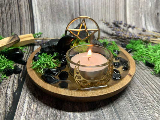 Protection Ritual Candle Holder – Black Tourmaline & Obsidian