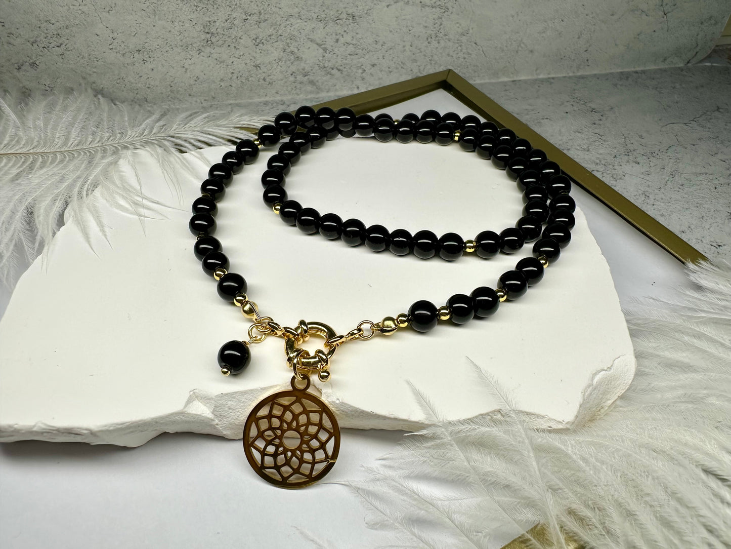 Black Tourmaline Necklace with Mandala Pendant | Protection,Balance & Energetic Harmony