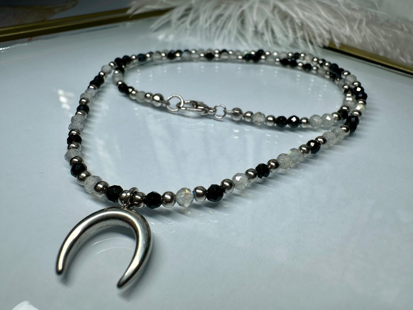 Grey Moonstone and Black Tourmaline Beaded Necklace –Protection, Intuition