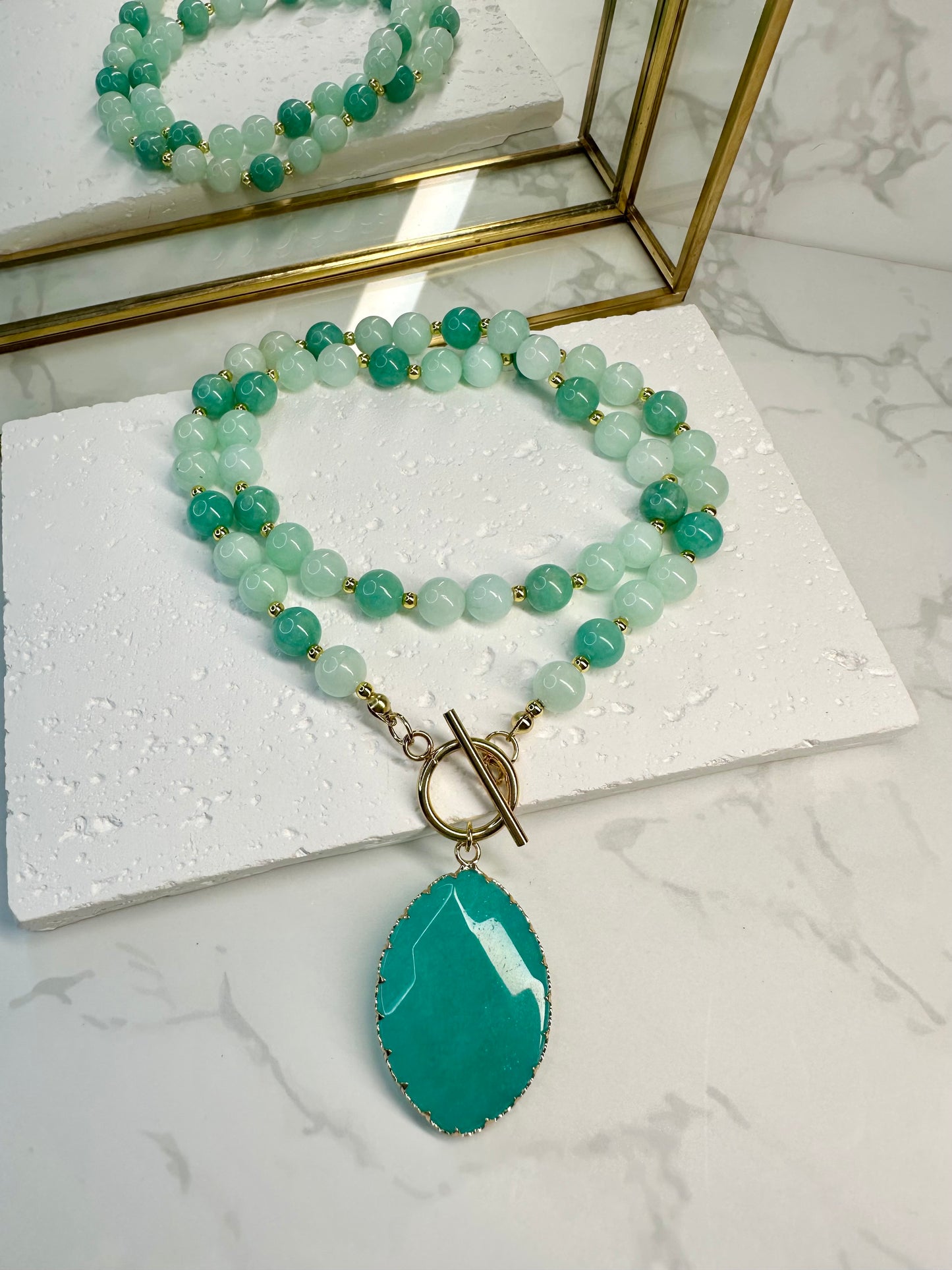Blue Jade Beaded Necklace with 8mm Beads, Gold Toggle Clasp Horse‑Eye Blue Jade Pendant