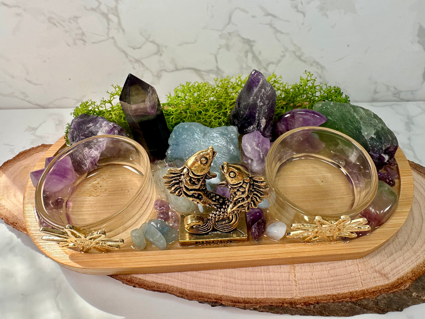 Pisces Zodiac Crystal Altar • Rainbow Fluorite, Aquamarine & Amethyst