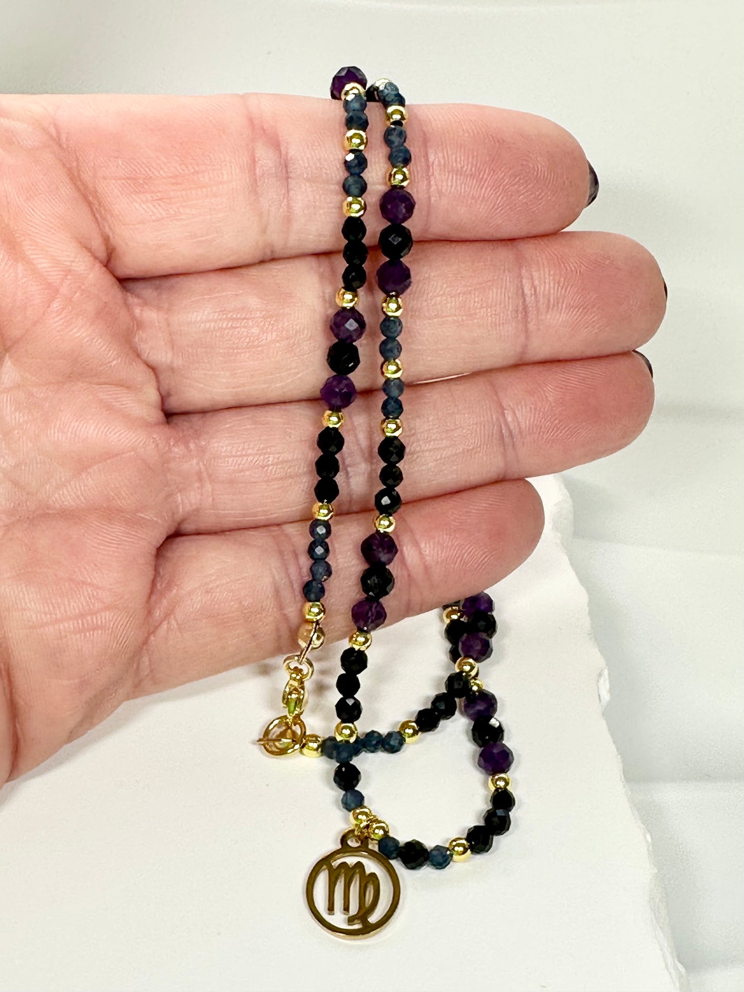 Virgo Zodiac Necklace – Sapphire, Black Tourmaline & Amethyst | Handmade Crystal Jewellery for Clarity, Protection & Inner Peace