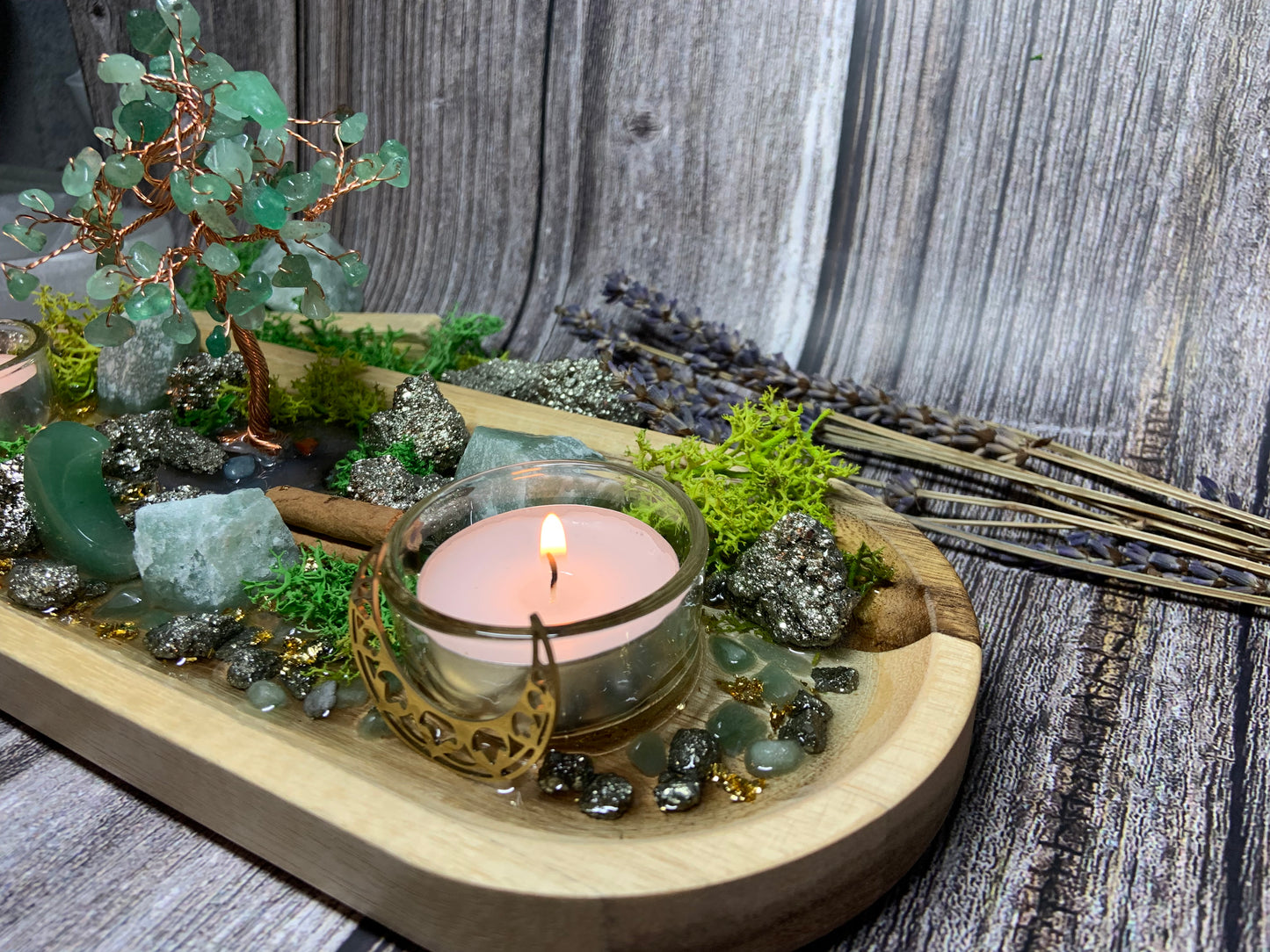 Prosperity Altar Tray, Money Pyrite & Green Aventurine Money Tree Candle Holder , Wealth Manifestation Decor, Abundance Ritual Crystal Gift