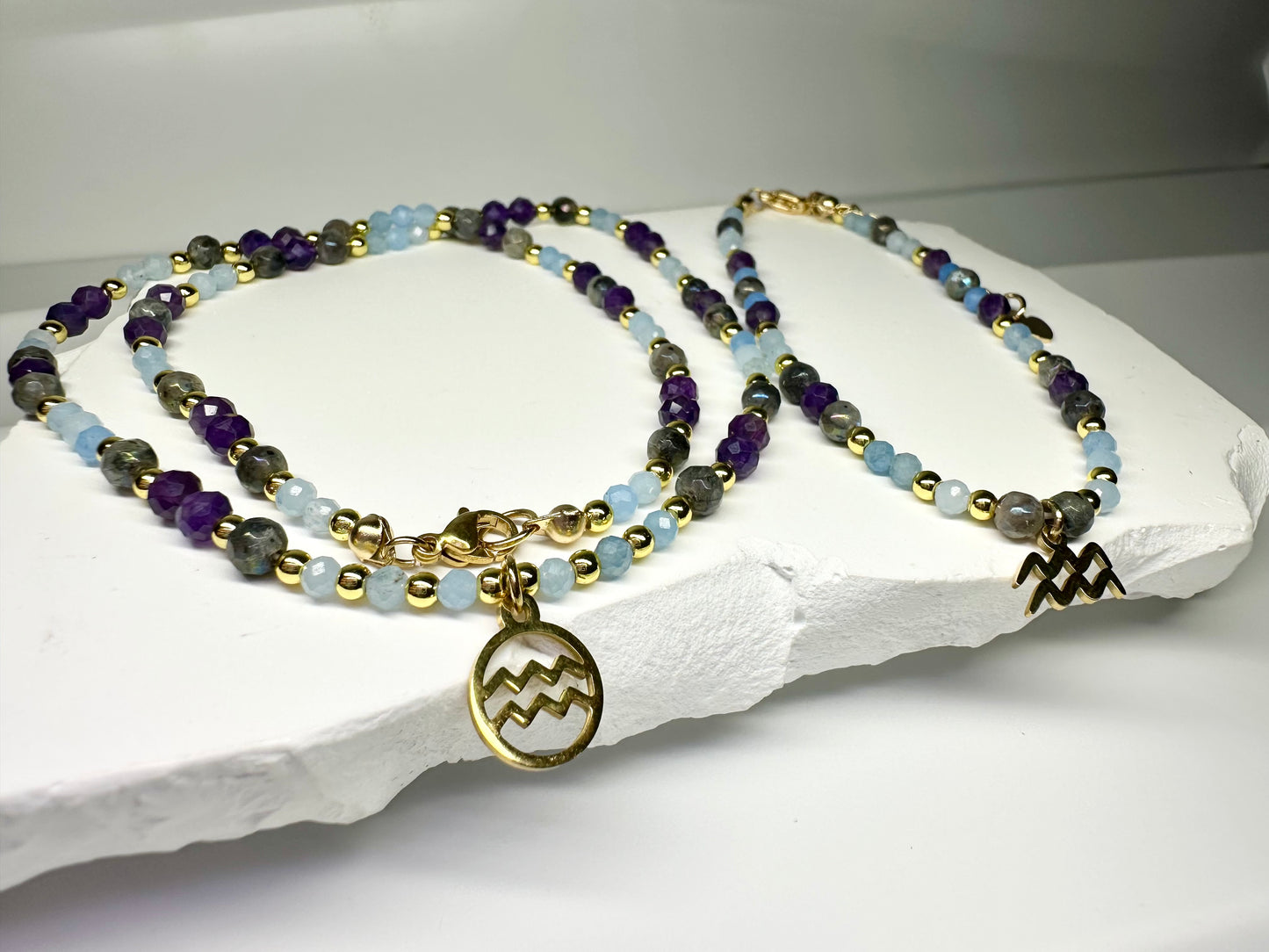 Aquarius Zodiac Jewellery Set – Aquamarine, Labradorite Amethyst| Intuition and Clarity , Birthstone  gift