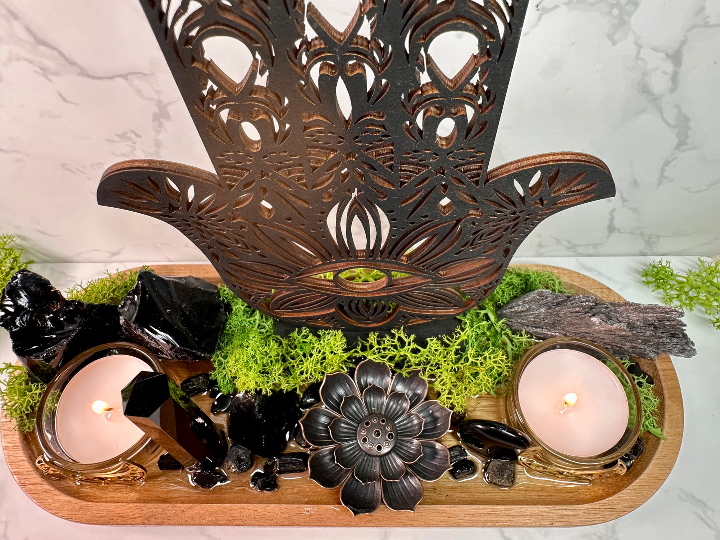 Black Tourmaline, Obsidian Protection Tray | Hamsa Hand Evil Eye Decor | Resin Altar Tray with Incense Holder | Ritual Decor, Spiritual Gift