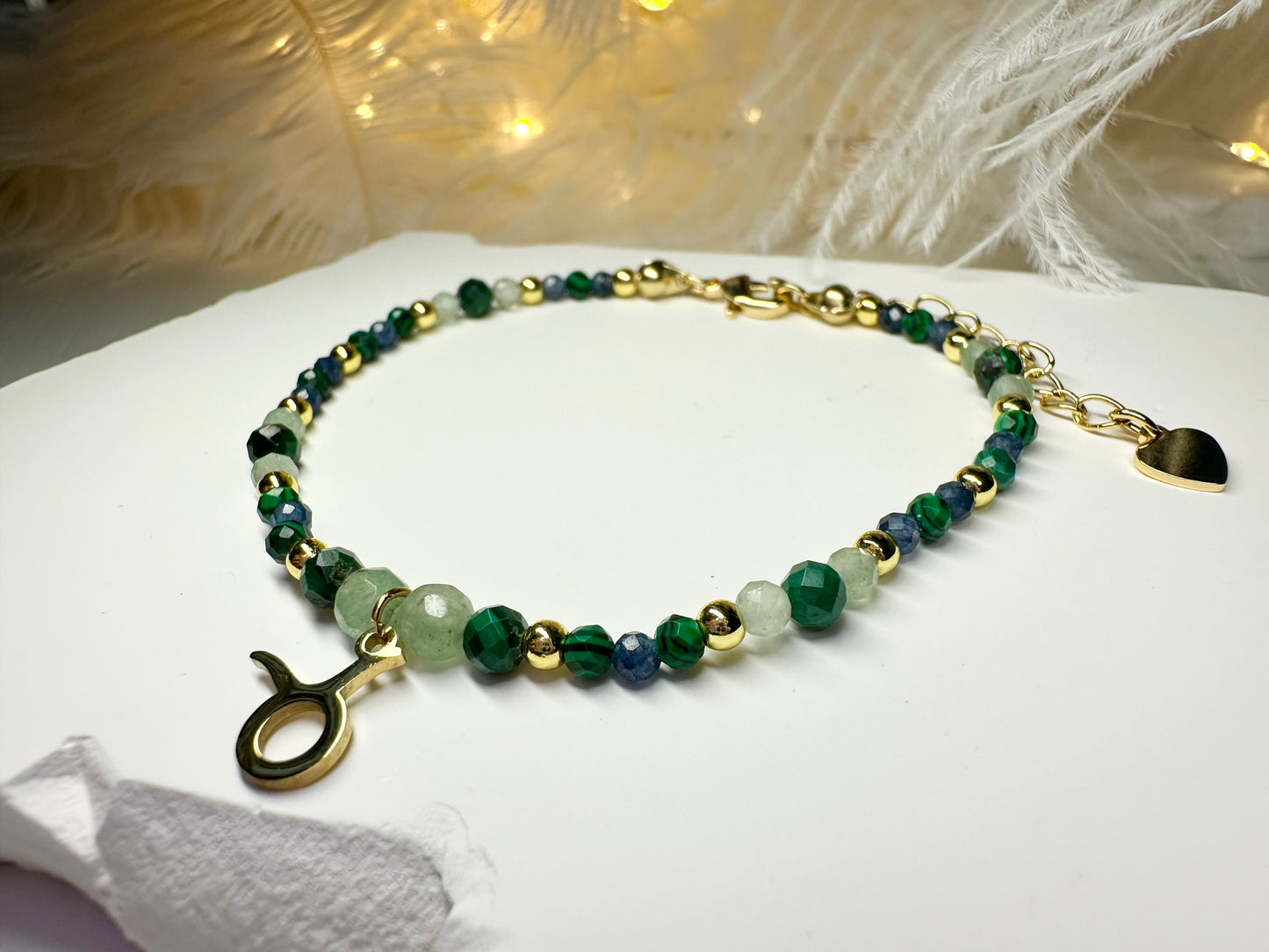 Handmade Taurus Zodiac Bracelet – Malachite, Green Aventurine & Sapphire Beads