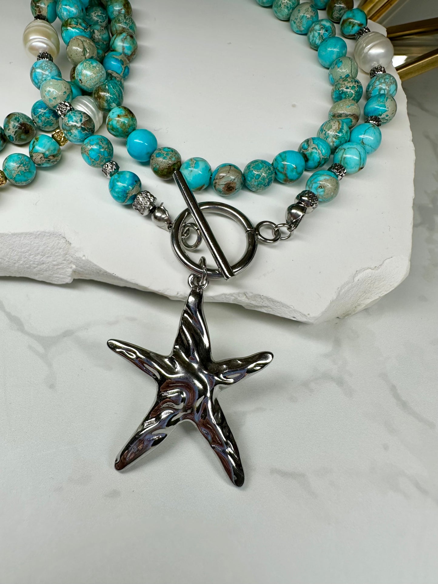 Turquoise-Blue Imperial Jasper Necklace with Baroque Pearls & Large Starfish Pendant – Gold or Silver Toggle T-Bar Handmade Ocean Jewelry