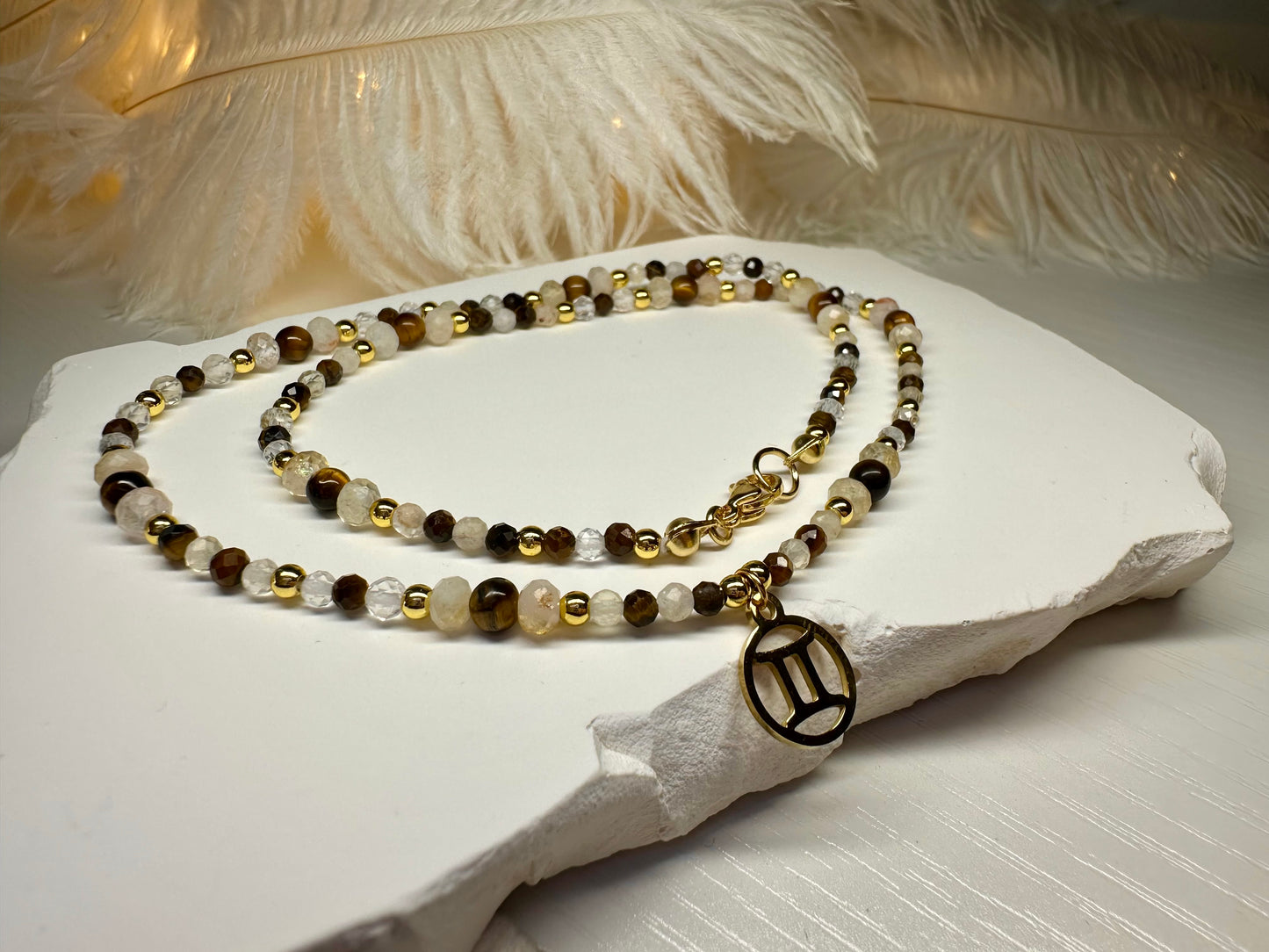 Handmade Gemini Zodiac Necklace – Tiger Eye, Citrine & Clear Quartz