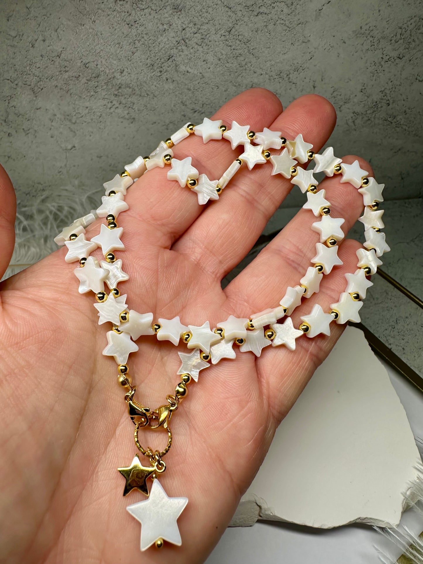 Freshwater Shell Stars Necklace – Celestial White & Gold Charm