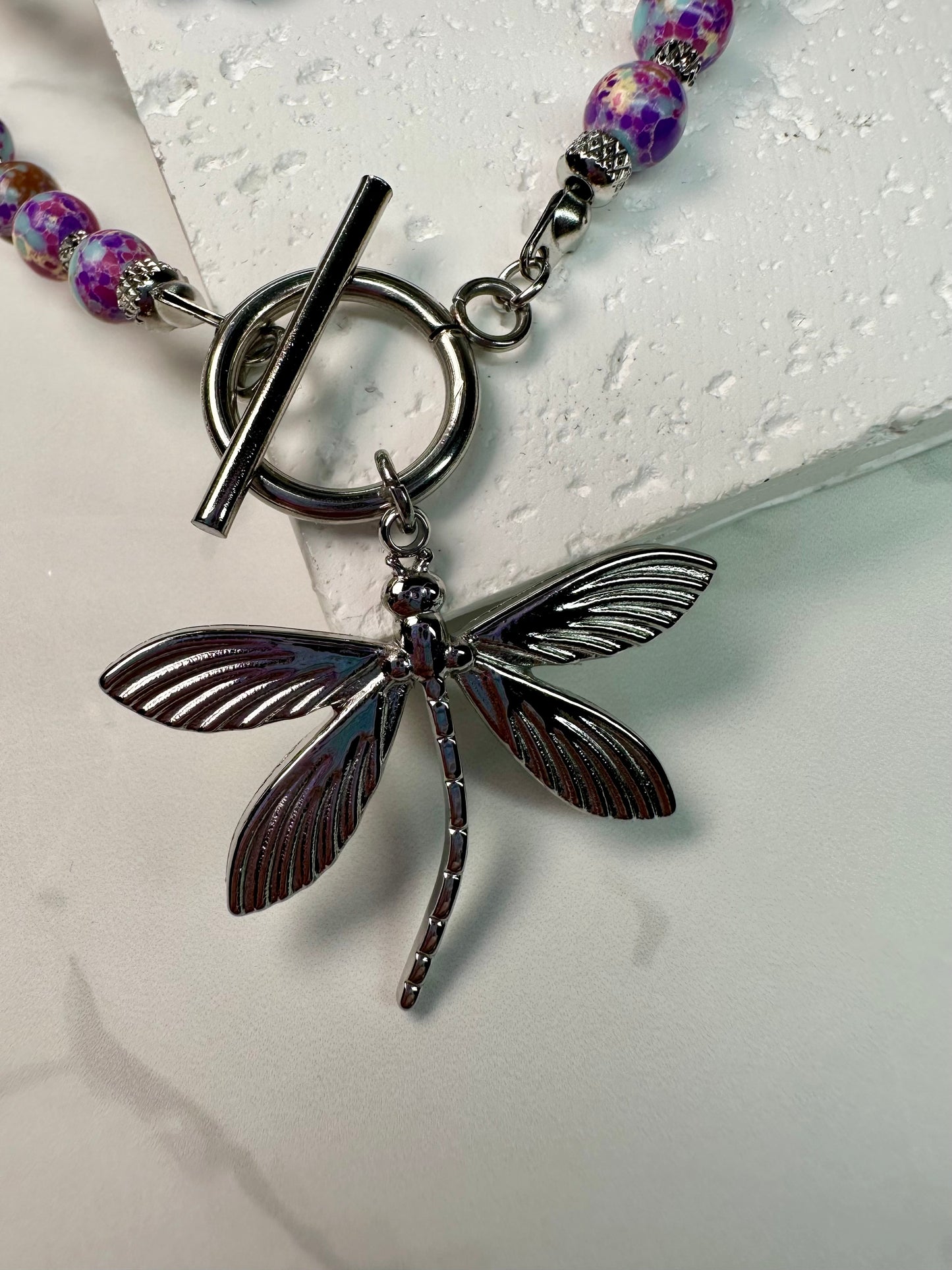 Purple Blue Sea Sediment Imperial Jasper Necklace-Barogue Pearl -Dragonfly Pendant