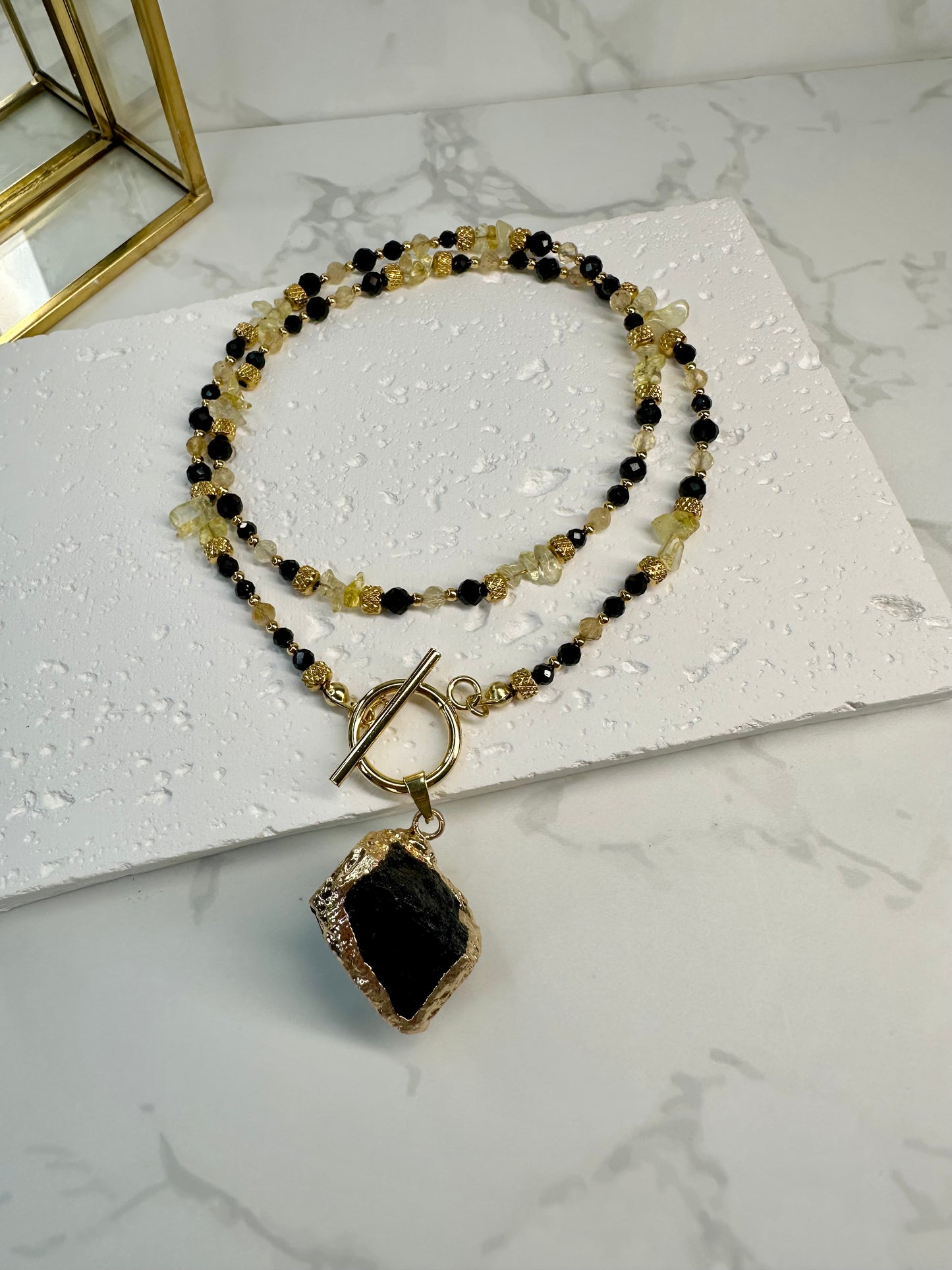Black Tourmaline & Citrine Necklace with Raw Pendant