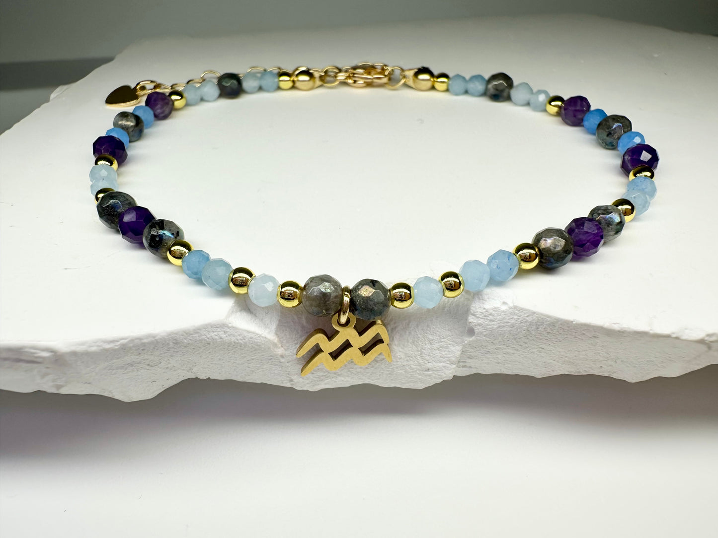 Aquarius Bracelet, Amethyst, Aquamarine, Labradorite, Astrology Birthday Gift