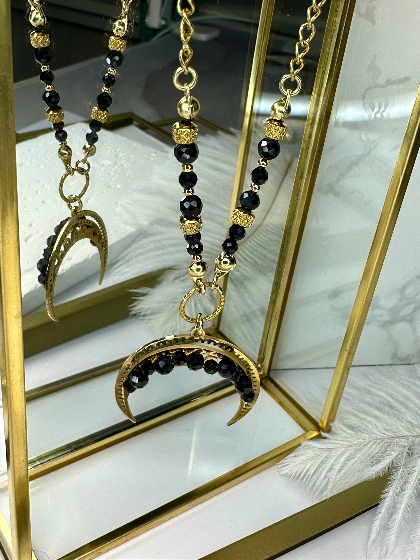 Hand‑Beaded Crescent Moon Necklace with Black Tourmaline