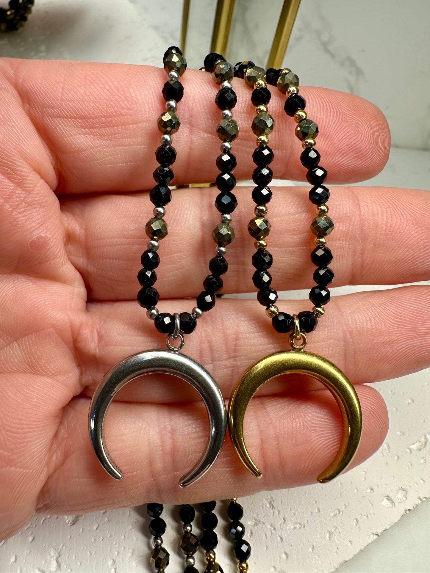 Black Tourmaline & Pyrite Dainty Necklace•Moon Pendant – Protection • Confidence • Grounding