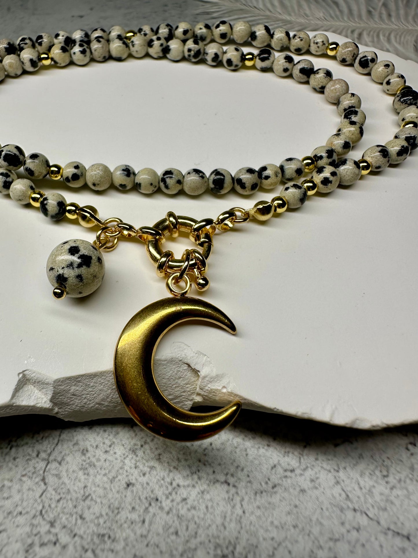 Dalmatian Jasper Beaded Necklace with Gold Crescent Moon Pendant