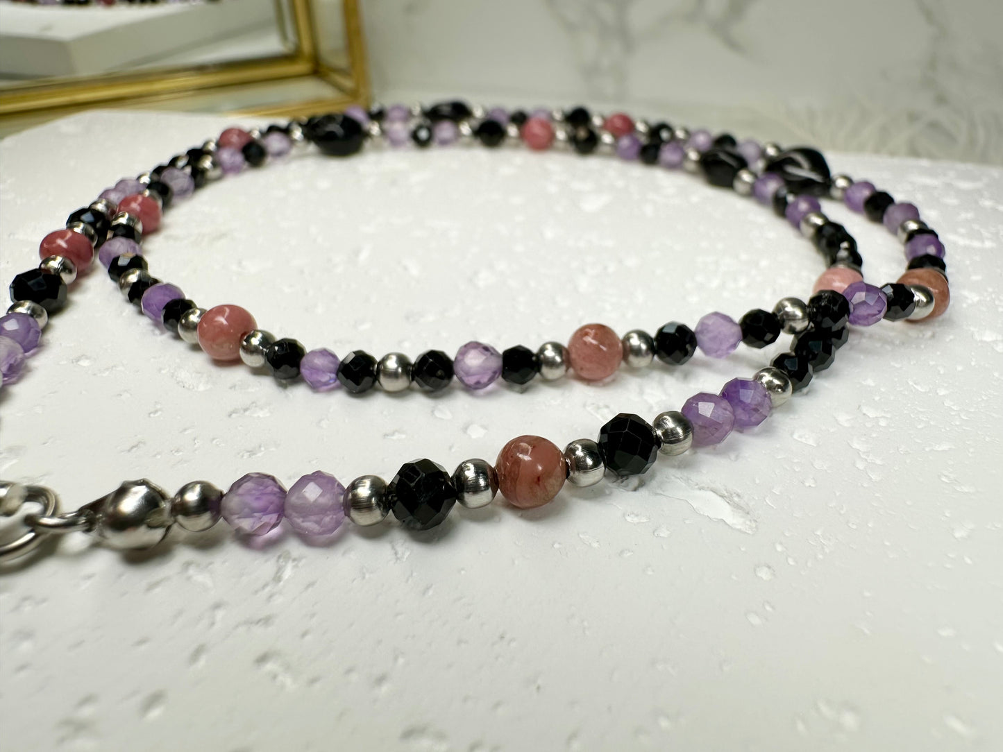 Black Tourmaline, Amethyst & Rhodonite Healing Necklace